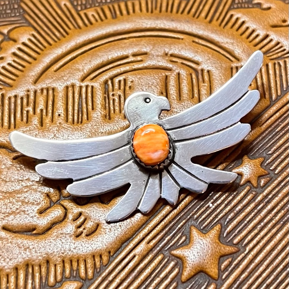 Dean Sandoval Sterling Silver and Orange Spiny Oyster Thunderbird Pin